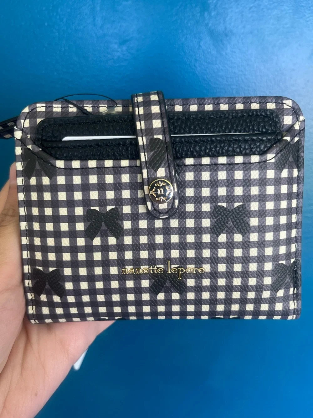 NWT Nanette Lepore Leza Black Gingham Bow Print Bifold Wallet